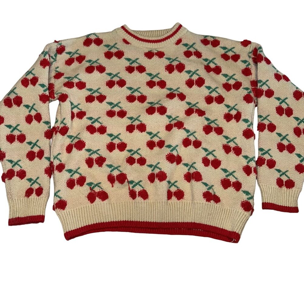 En Creme Cream Red Cherry Knit Crewneck Sweater Women's One Size OS